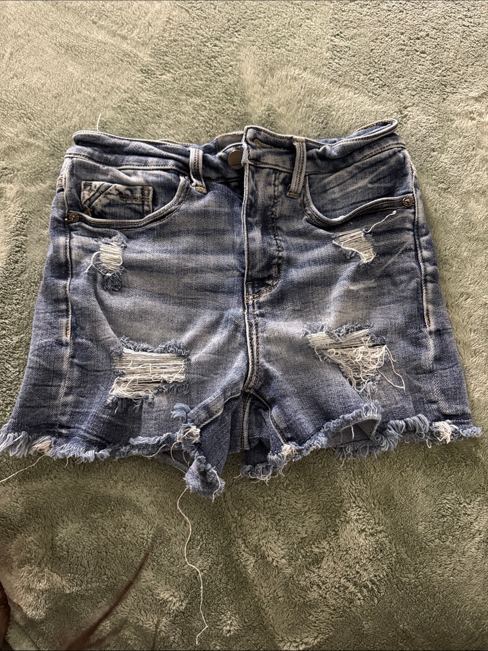 Buckle Distressed Light Blue Denim Jean Shorts
